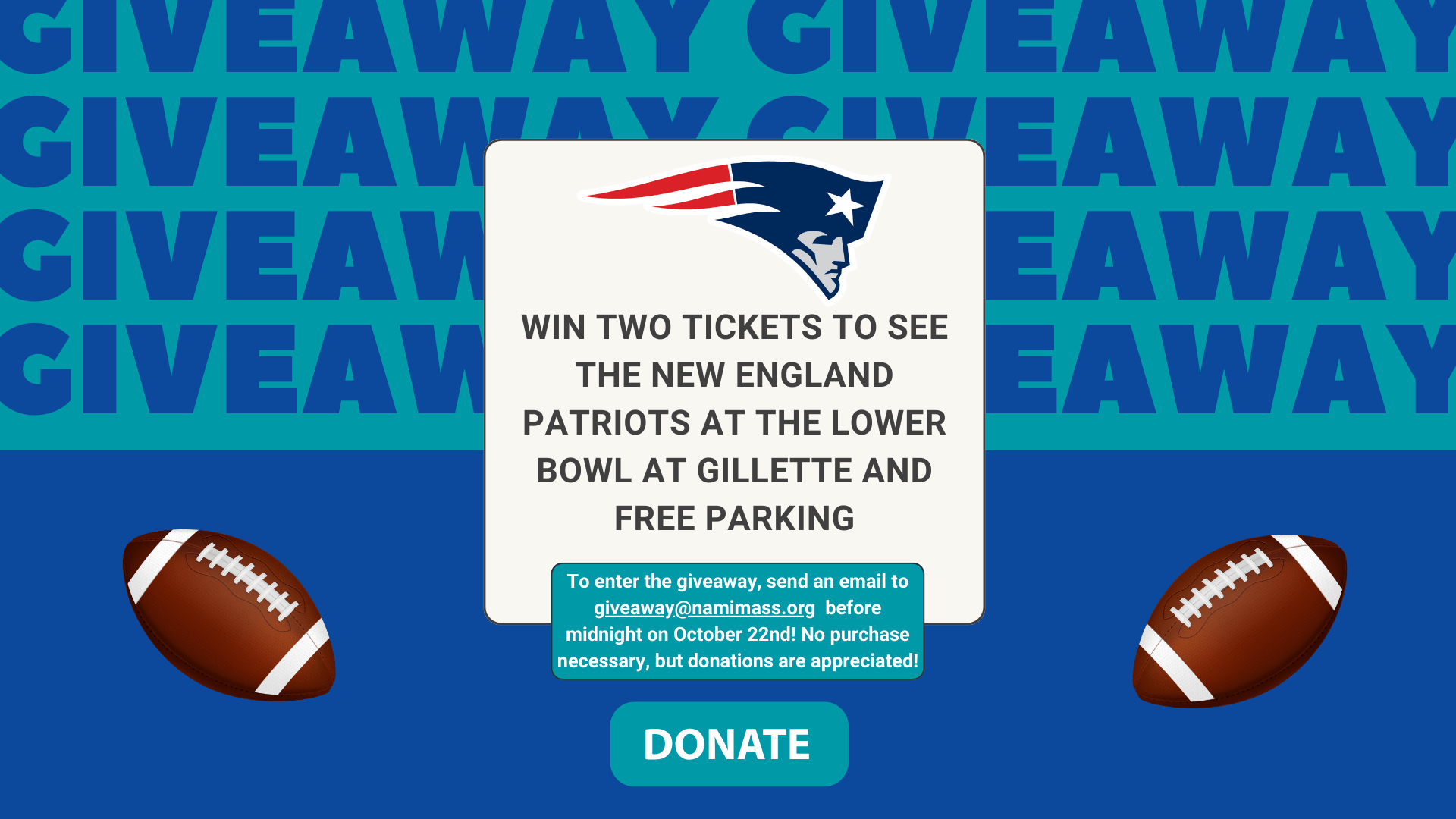 Promotional graphic for a New England Patriots ticket giveaway with football accents.