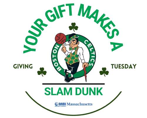 Logo that says "Your Gift Makes a Slam Dunk this Giving Tuesday" and the Celtics logo inside