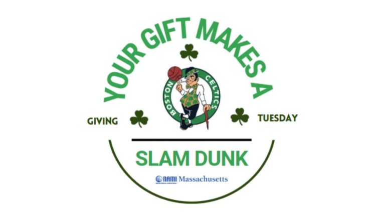 Logo that says, "Your Gift Makes a Slam Dunk This Giving Tuesday" with the Boston Celtics logo inside.