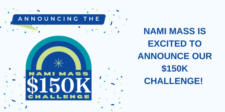 A blue rainbow on a light blue background. Text that reads "NAMI Mass is excited to announce our $150k Challenge!"