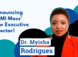 a Black woman wearing a red blazer over a black top. Text reads "Announcing NAMI Mass' new Executive Director.! Dr. Myisha Rodrigues"