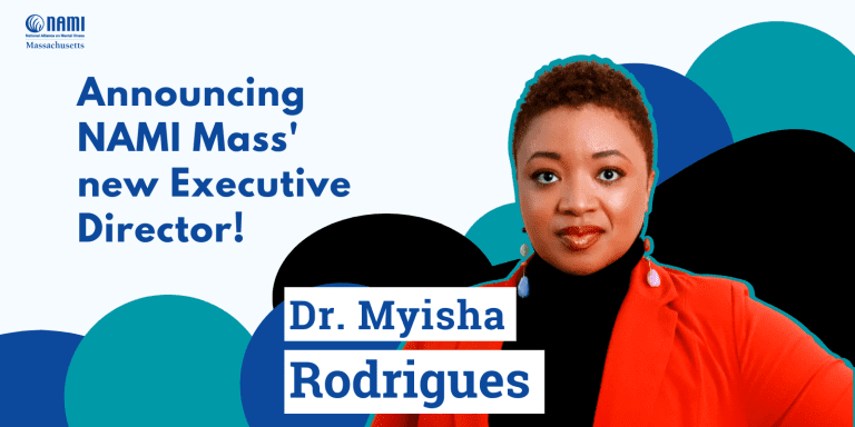 a Black woman wearing a red blazer over a black top. Text reads "Announcing NAMI Mass' new Executive Director.! Dr. Myisha Rodrigues"