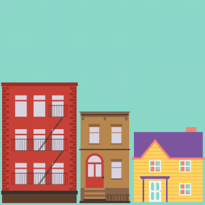 cartoon image of a series of apartment buildings and houses