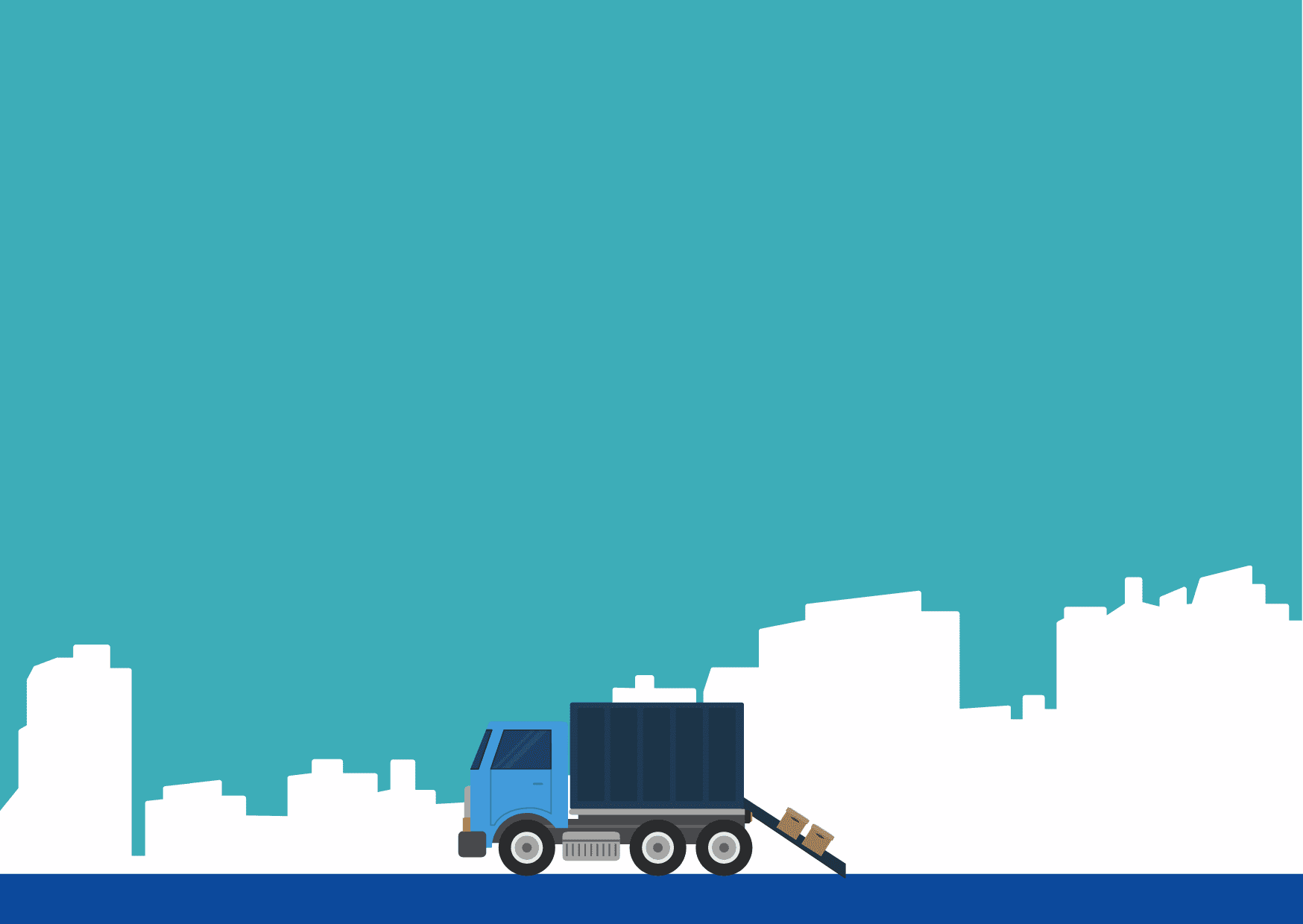 drawing of a truck with moving boxes, with a city skyline in the background